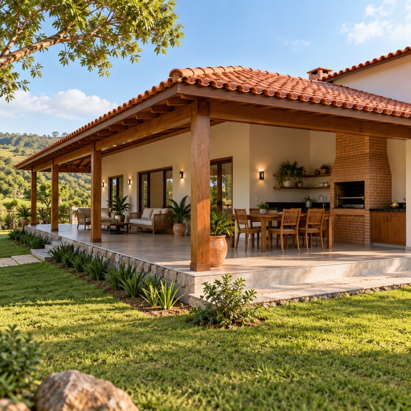 casa com varandão em L e churrasqueira, em 3D