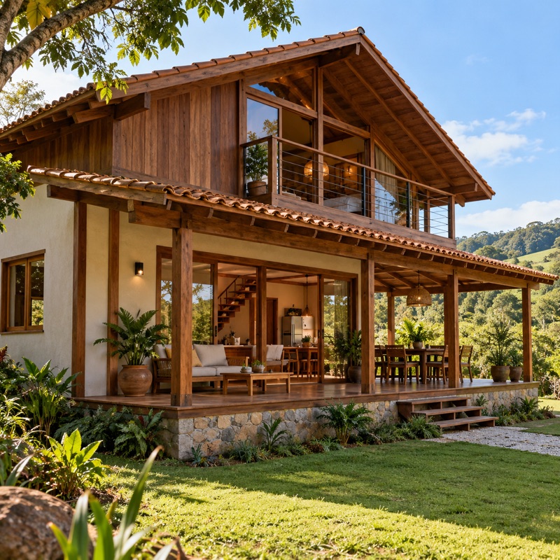 casa mista de madeira com mezanino, em 3D