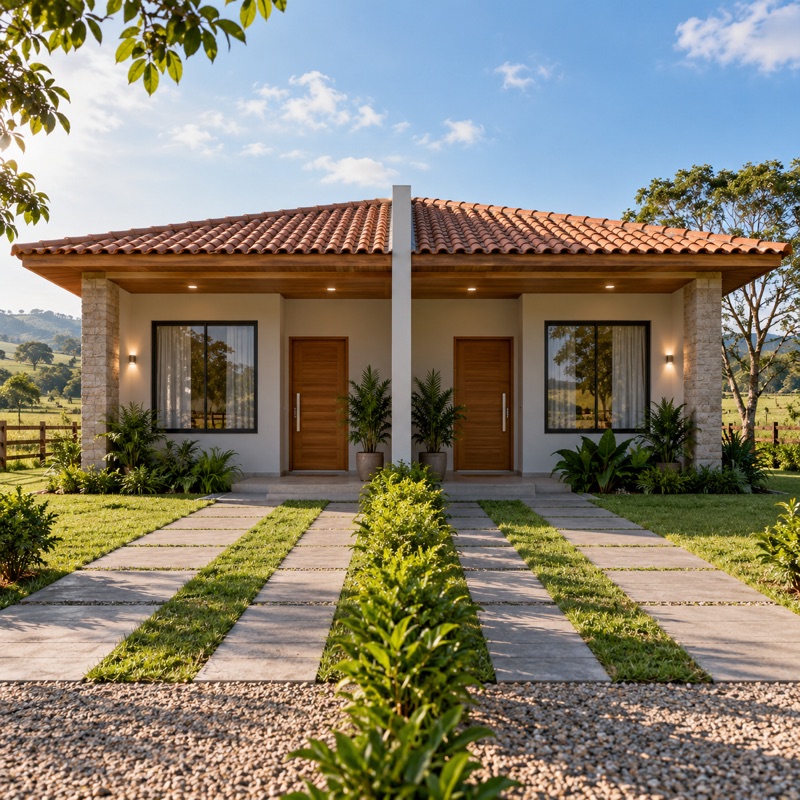 par de casas geminadas térreas com entradas separadas, em 3D