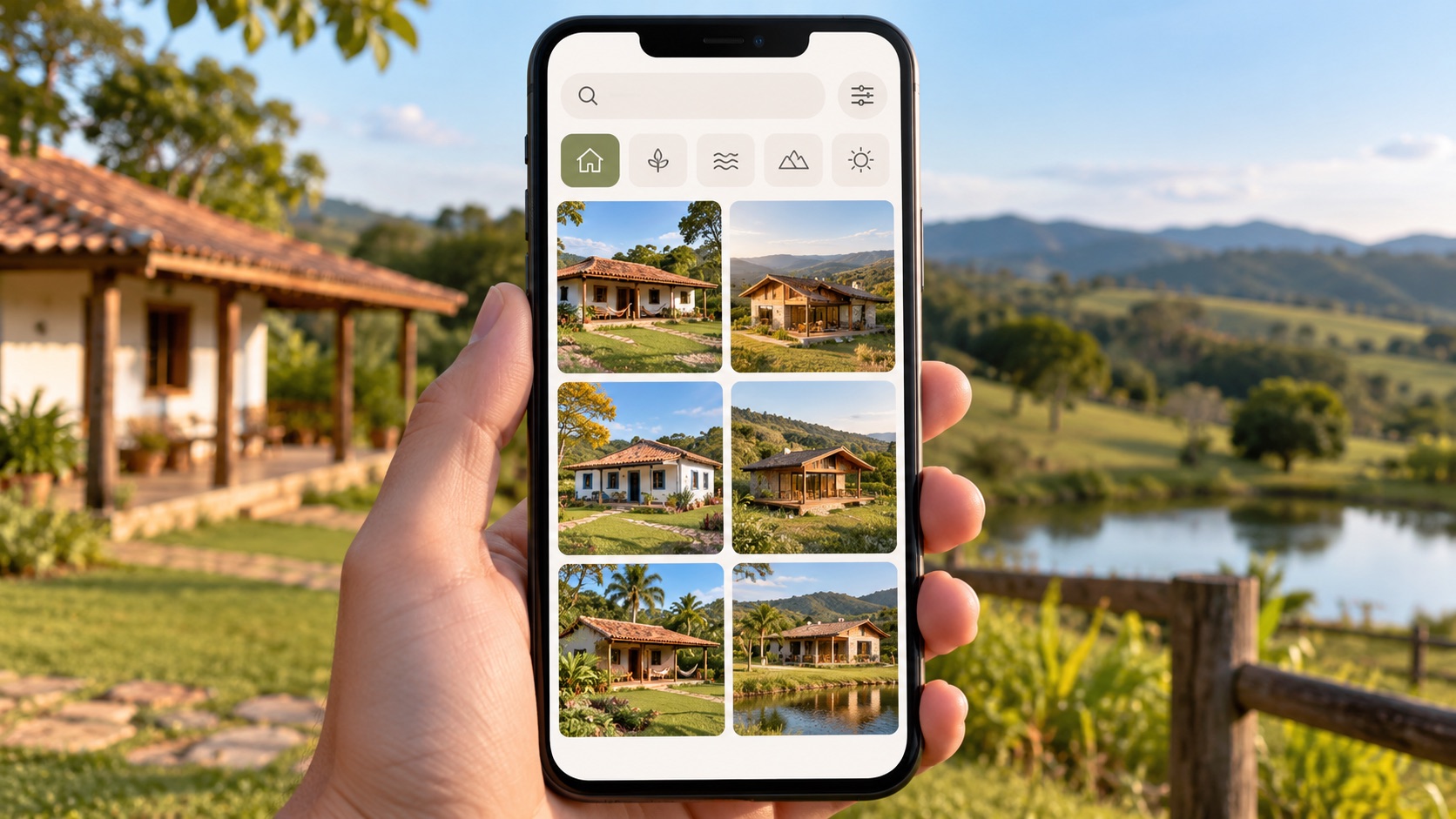 Tela de busca do app com filtros de casas